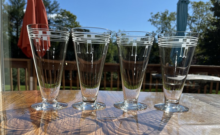 Set of 4 Clear Footed Tea Tumbler Glasses W/ Etched Geo Shapes, 10 oz.