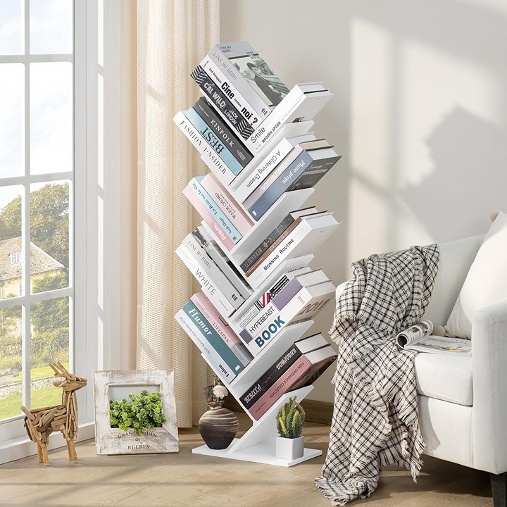 10 Tier Tree Book Shelf, Floor Standing Wood Bookshelf for Narrow Space, Storage