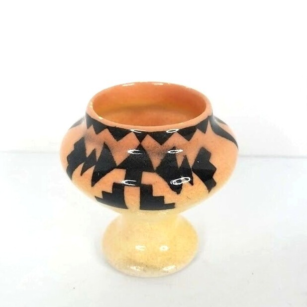 Navajo Miniature Pottery 2 Vase Vintage 87 Signed Yellowhair USA Tan Black