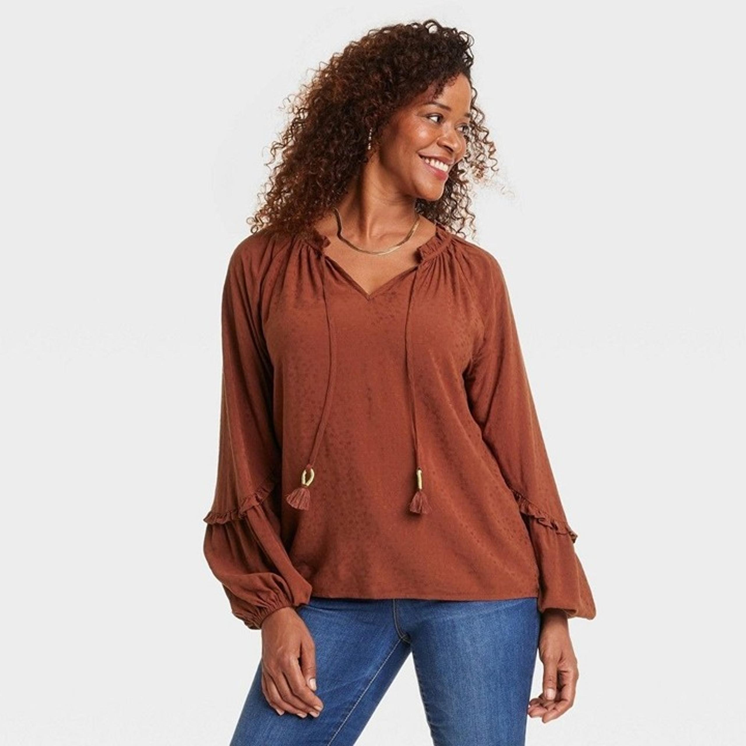Knox Rose Women's Balloon Long Sleeve Blouse Brown XL