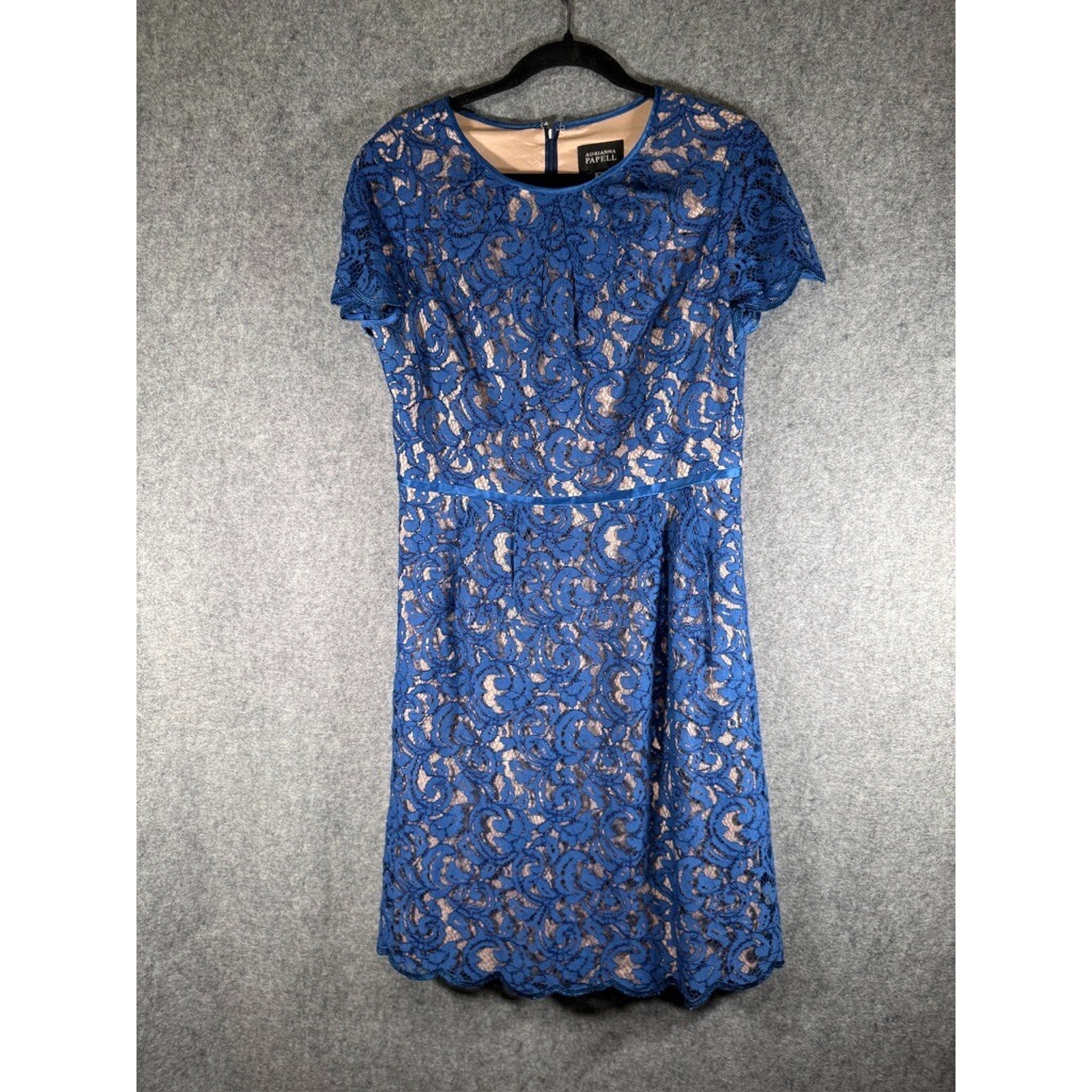 Adrianna Papell Dress Women 12 Blue Scalloped Lace Drop Waist Romantic Formal