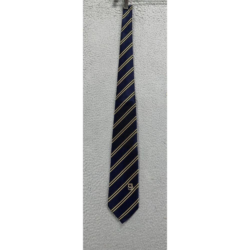 Vir Necktie Adult Navy/Yellow Striped Silk Layorazione A Mano Casual Mens NEW