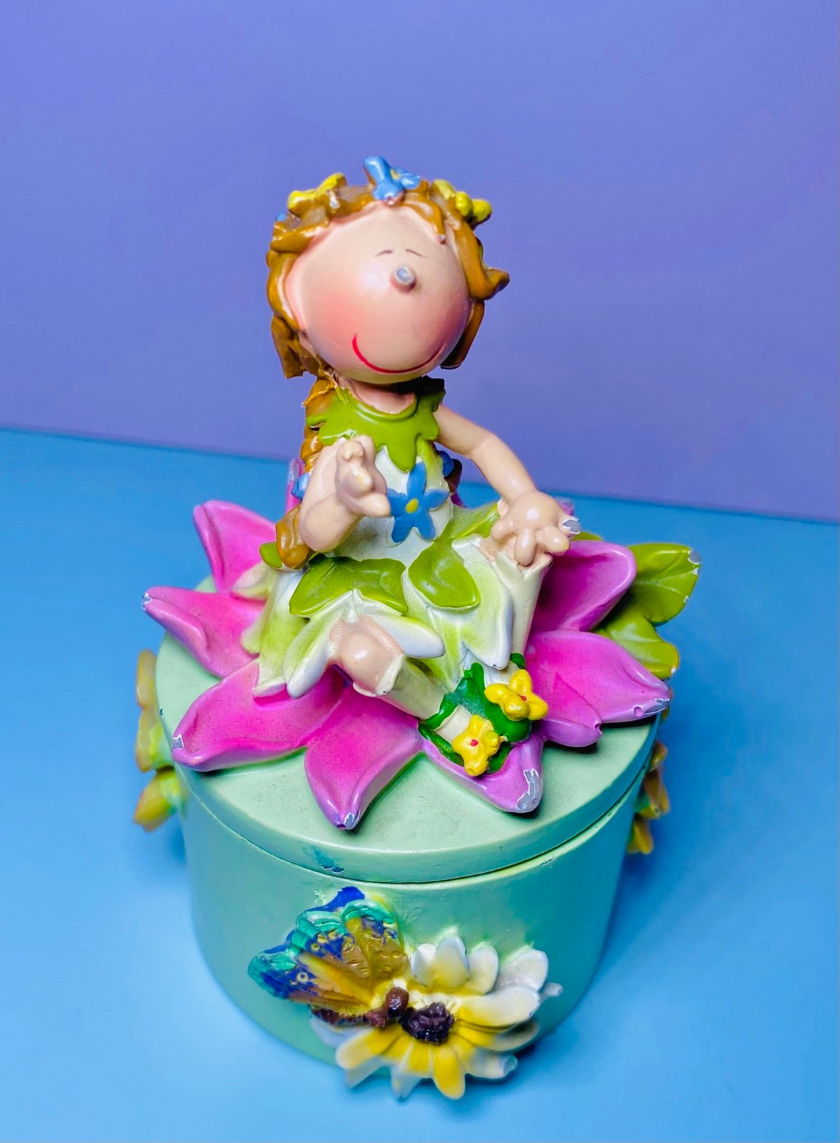 Vintage Ceramic Trinket Box Sitting Girl Floral Multicolor Figurine