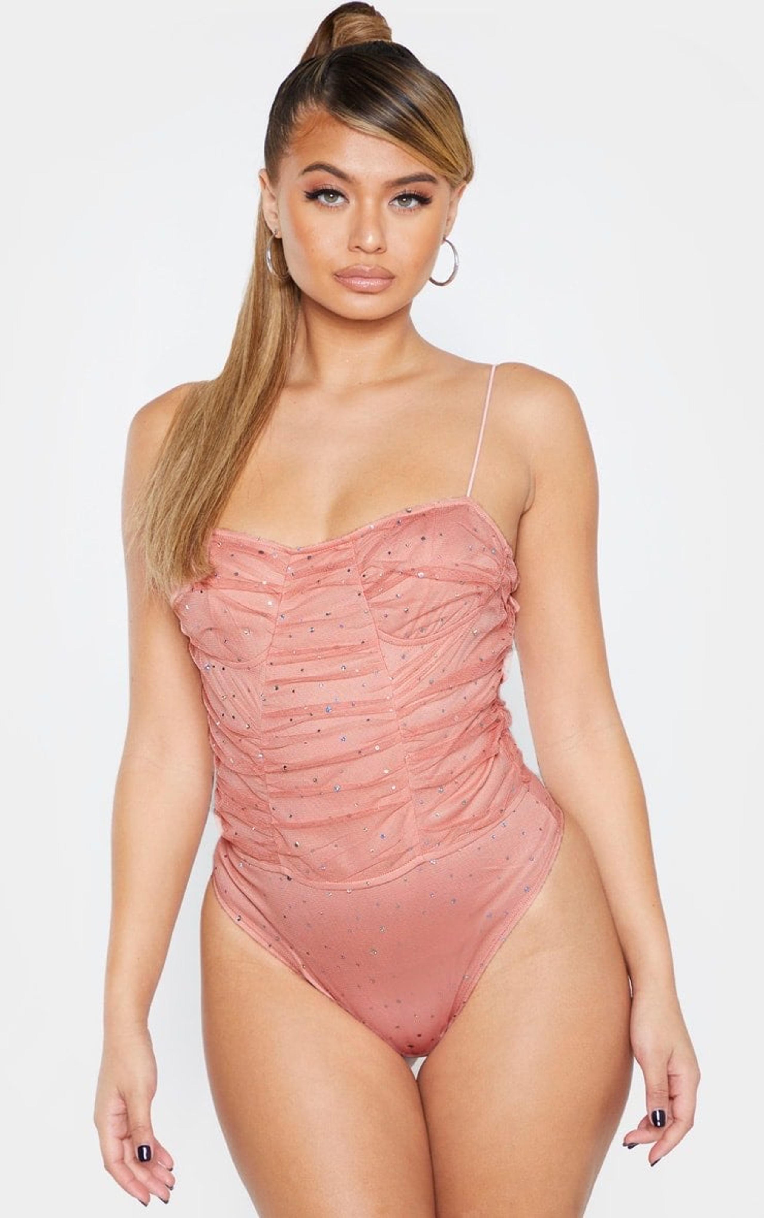 Pink sequin mesh bodysuit