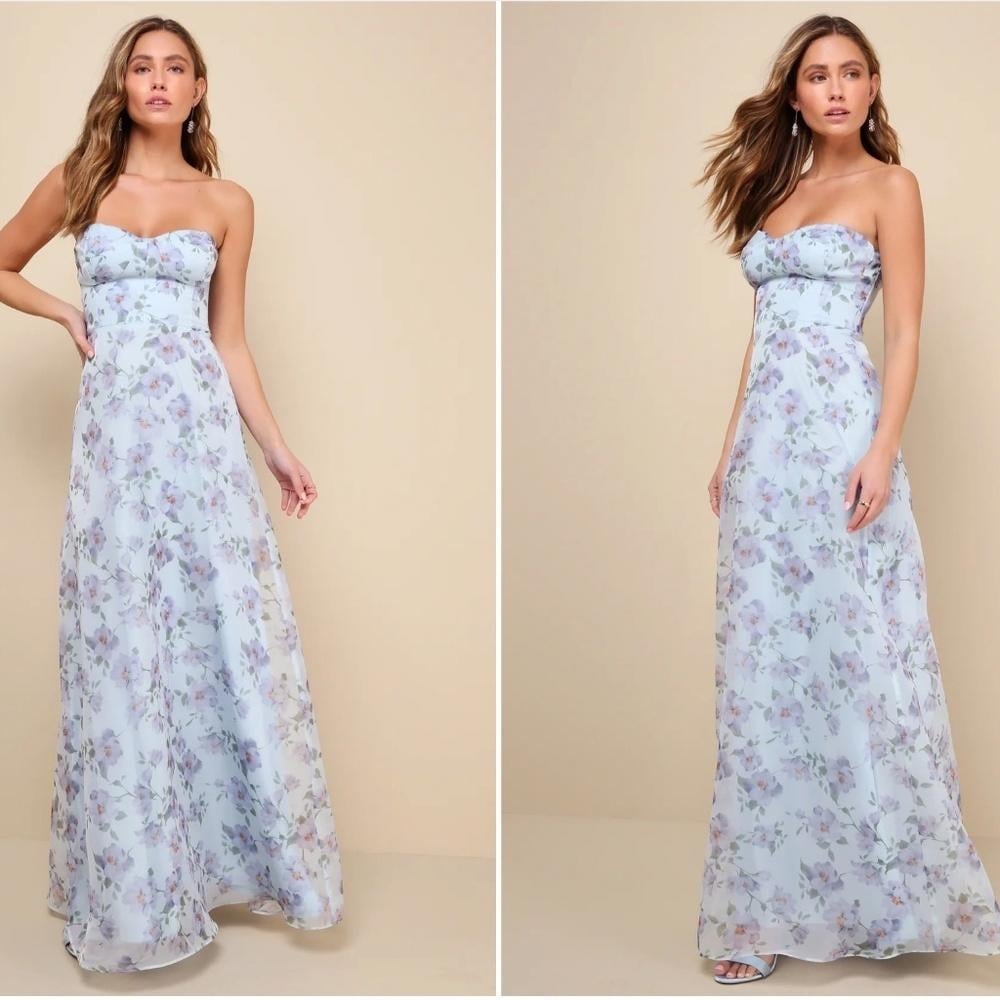 LULU's Floral Sexy Flowy Prom Wedding Chic Bustier Maxi Dress NWOT