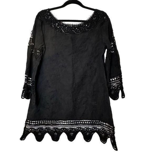 La Blanca Embroidered Lace Scalloped Hem Black Tunic Cover Up Small