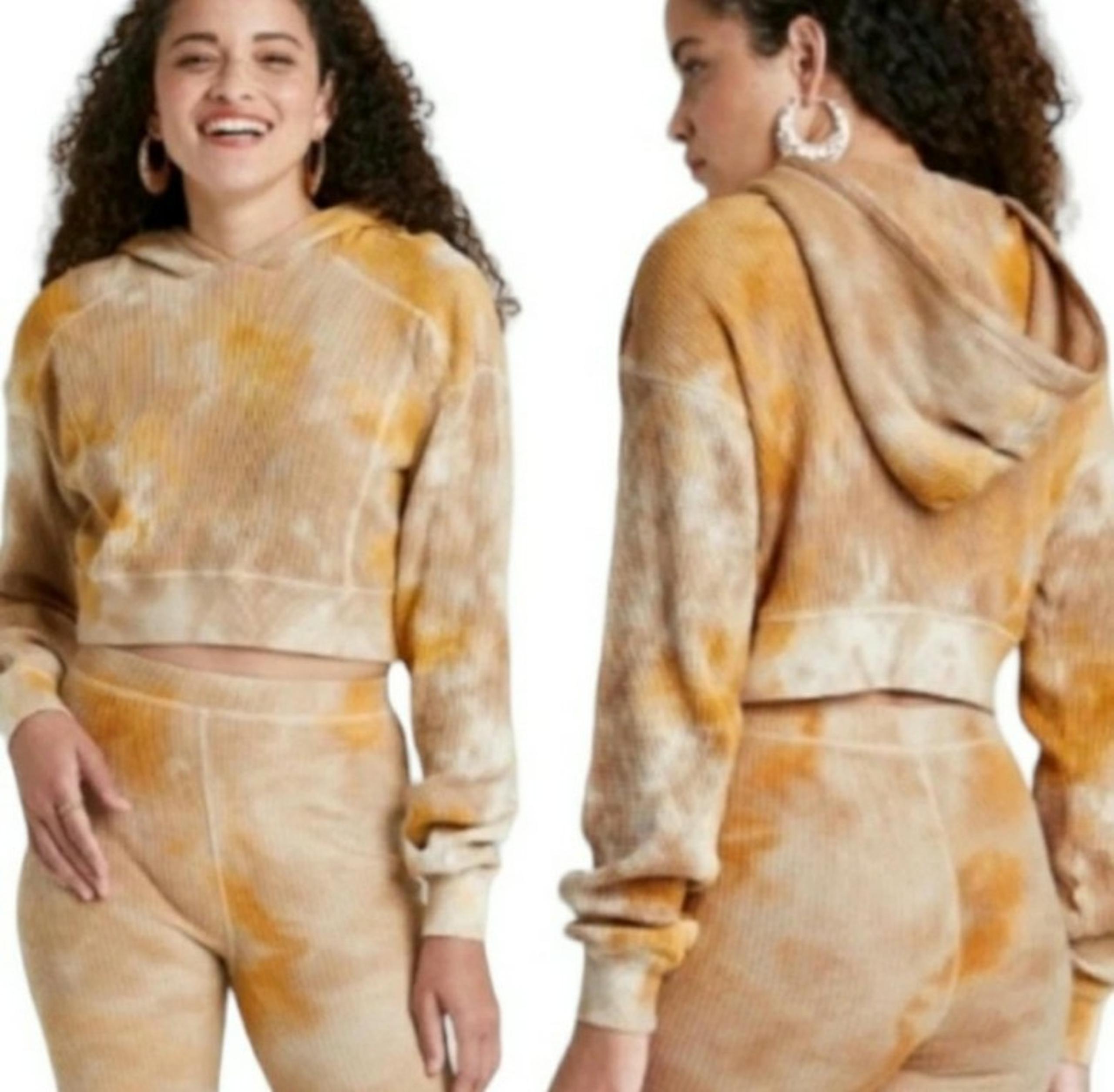 WILD FABLE Tie-dye Cropped Waffle knit Hooded Sweater Size Medium