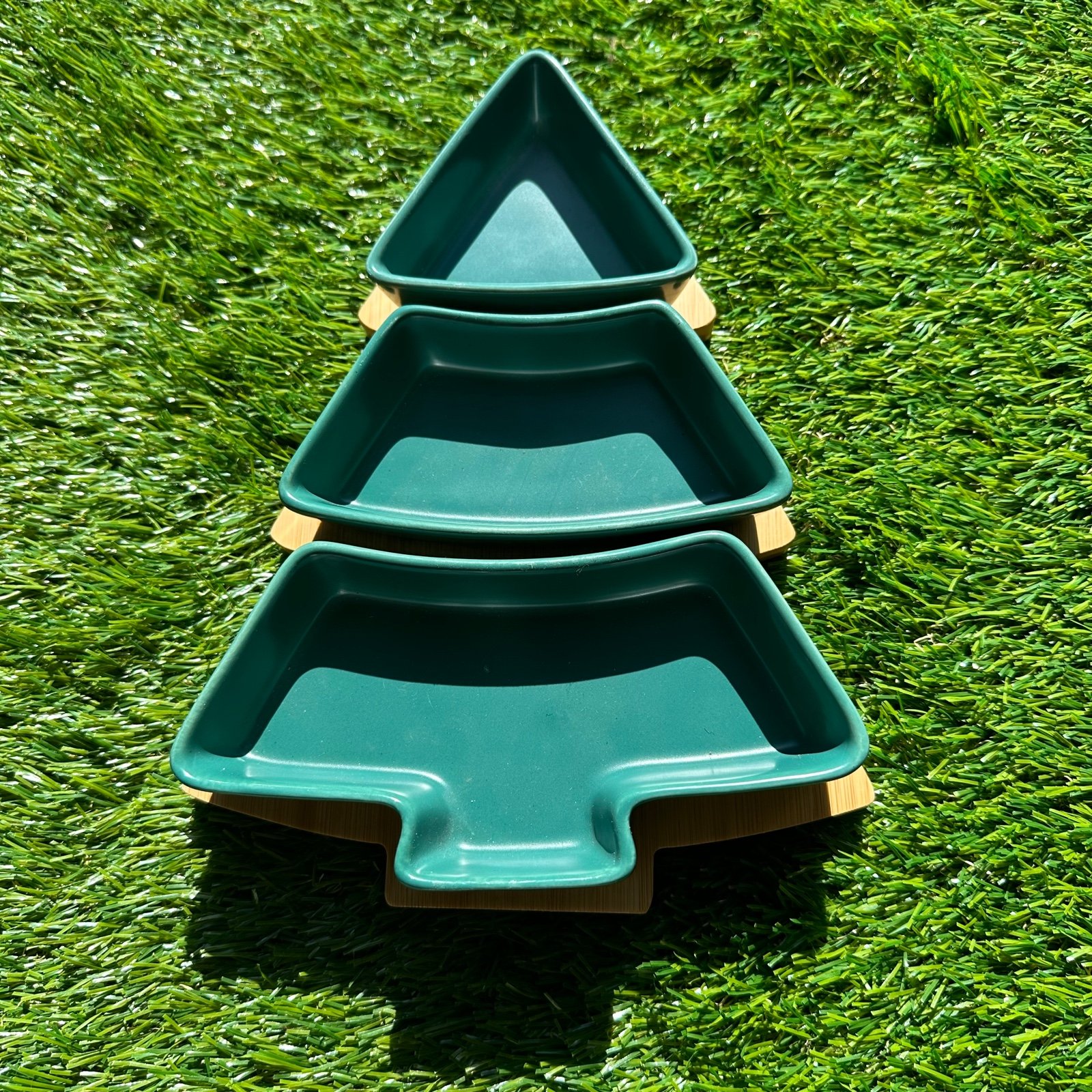 Green Christmas Tree Plates Chip & Dip Set with bamboo tray