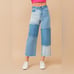 High Waisted Color Block Distressed Frill Edges Twill Jeans