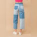 High Waisted Color Block Distressed Frill Edges Twill Jeans