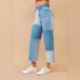 High Waisted Color Block Distressed Frill Edges Twill Jeans