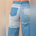 High Waisted Color Block Distressed Frill Edges Twill Jeans