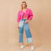 High Waisted Color Block Distressed Frill Edges Twill Jeans