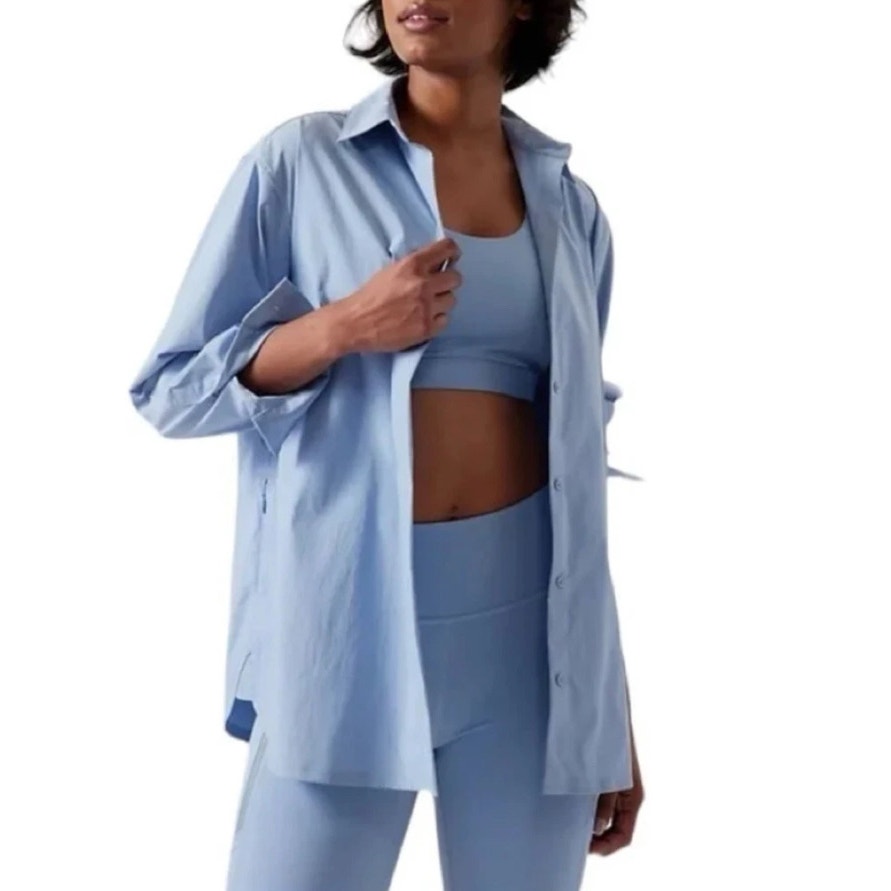 NEW Athleta Performance Poplin Top Women L Heron Blue Oversized Button Down