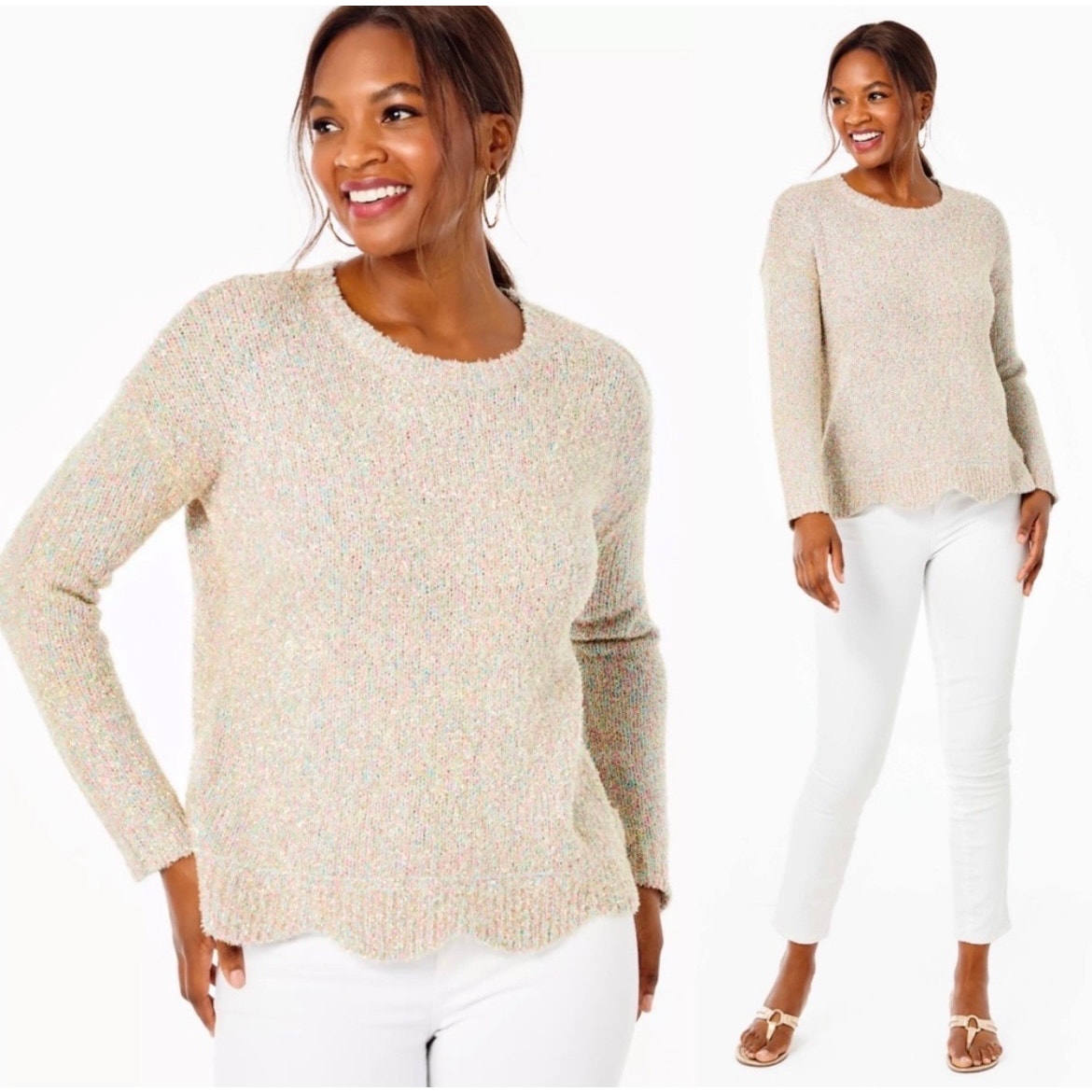 Lilly Pulitzer Metallic Gliana Long Sleeve Beige Knit Pullover Sweater XS