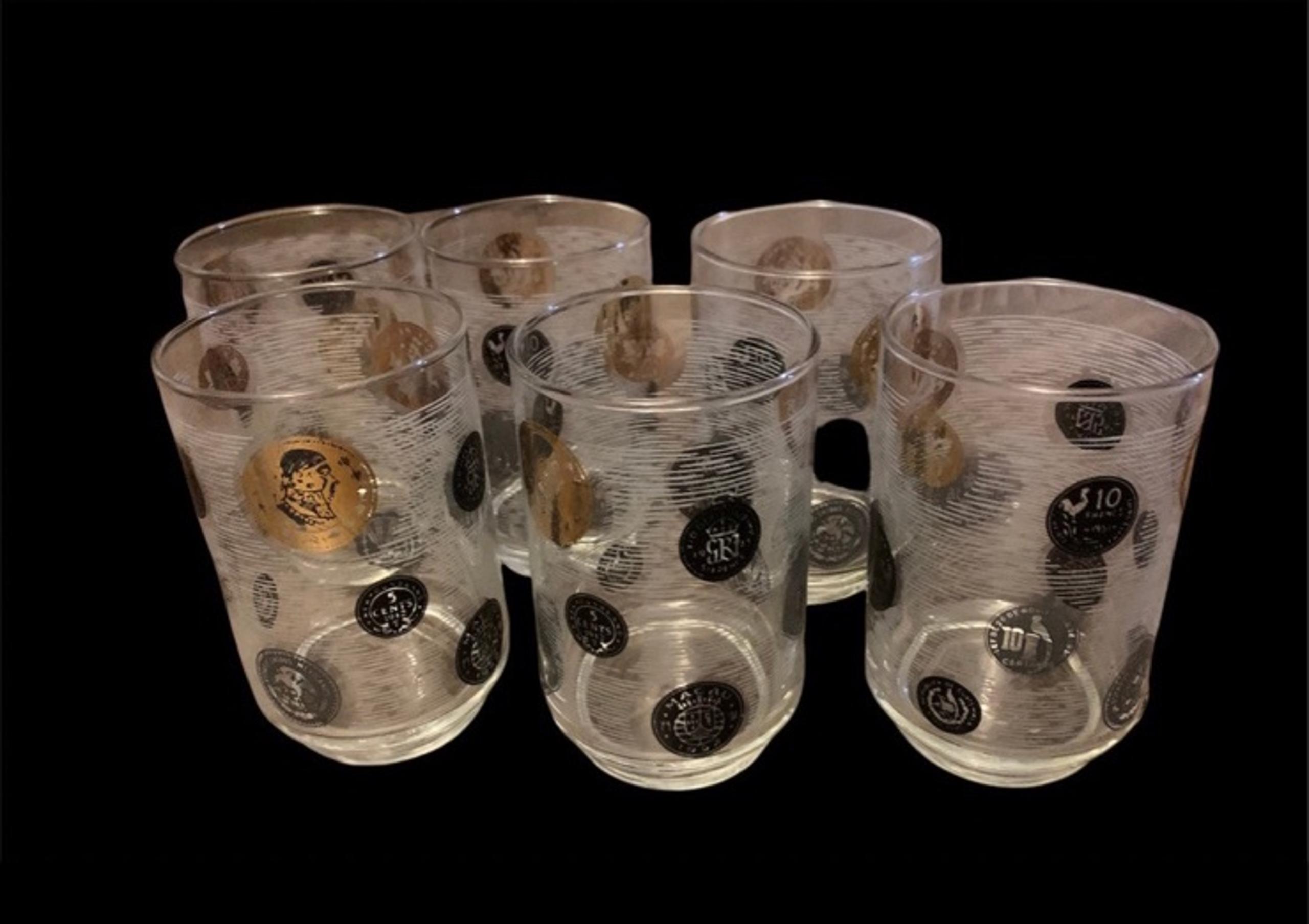 Vintage MCM Libbey gold and black coin glasses set of 6 Mad Men Style