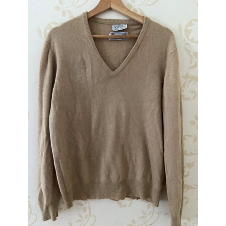 Mens Size Large England Sabre 100% Cashmere Beige V-Neck Sweater