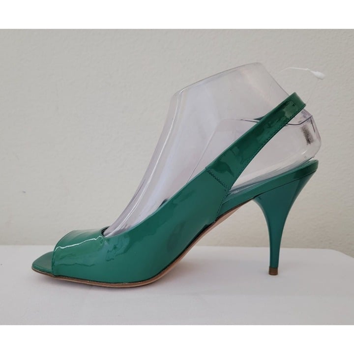 NWOT Tod's Green Patent Leather Peep-Toe Slingback Heels Women's Size 38.5 ITALY