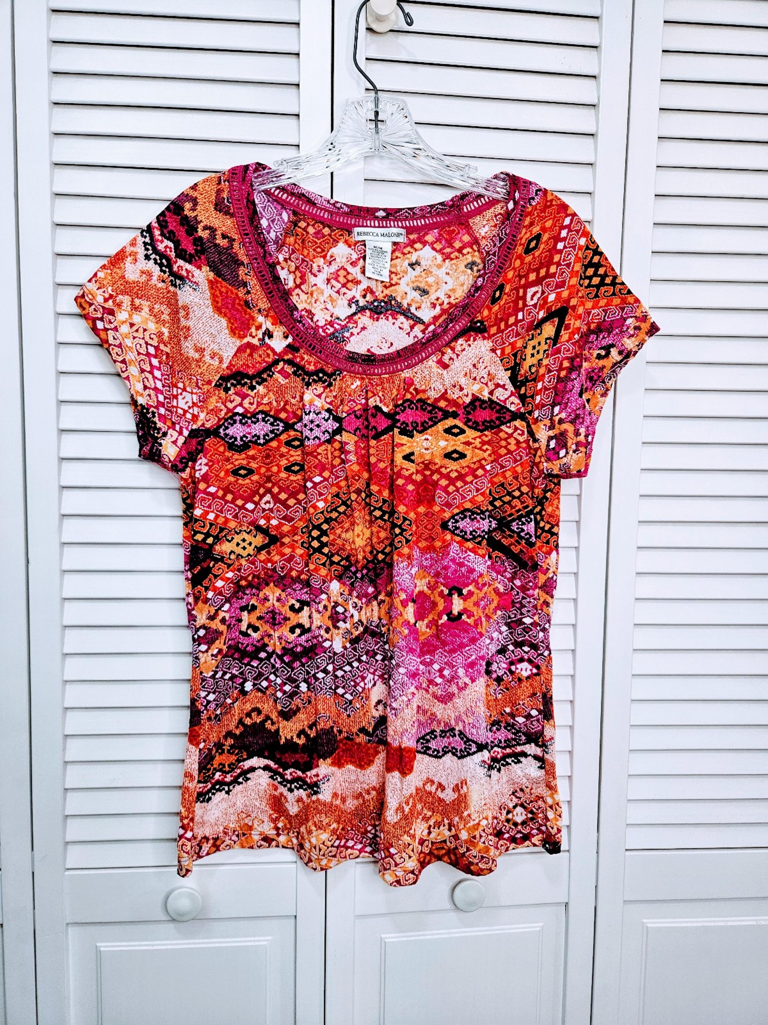 Rebecca Malone Pink & Multicolor Short Sleeve Blouse Women's Size Medium