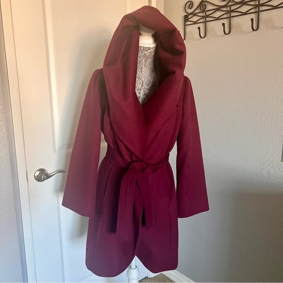 Draped Hooded Shawl Collar Belted Wrap Coat