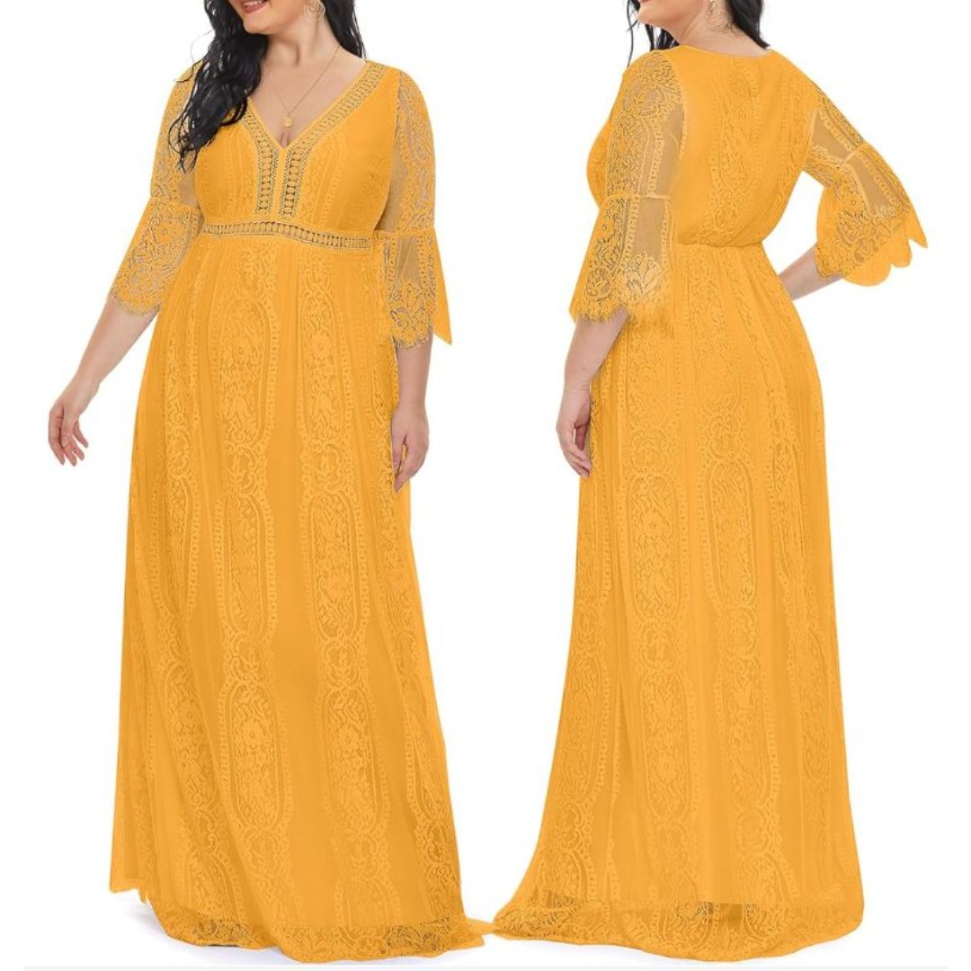 Womens Boho Maxi Floral Lace Boho Party Dress V Neck Flowy Long Yellow Size 20