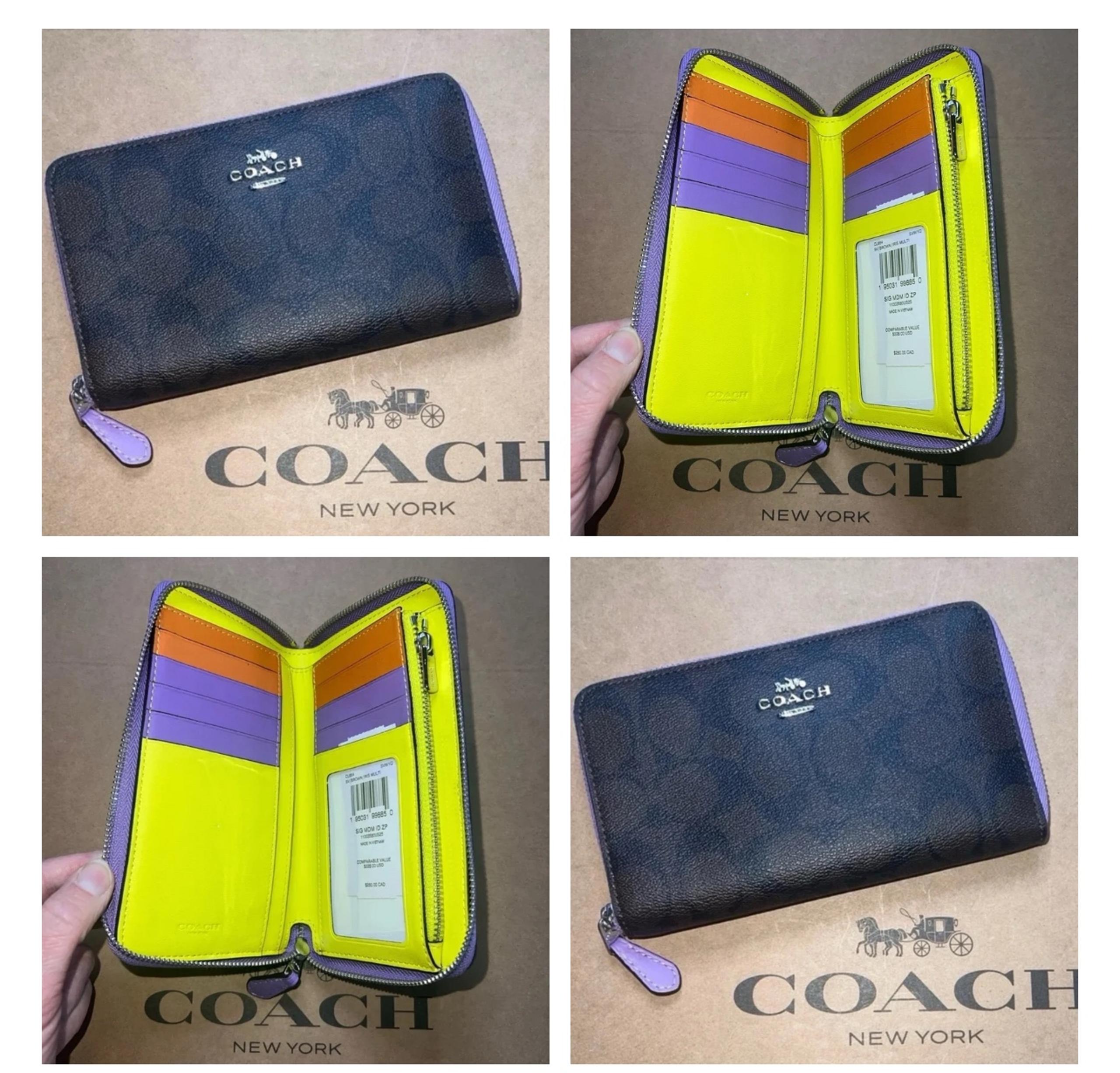 NWT COACH CL684 Medium ID Zip Wallet Brown/Iris *Multi-Color Inside Purple Trim
