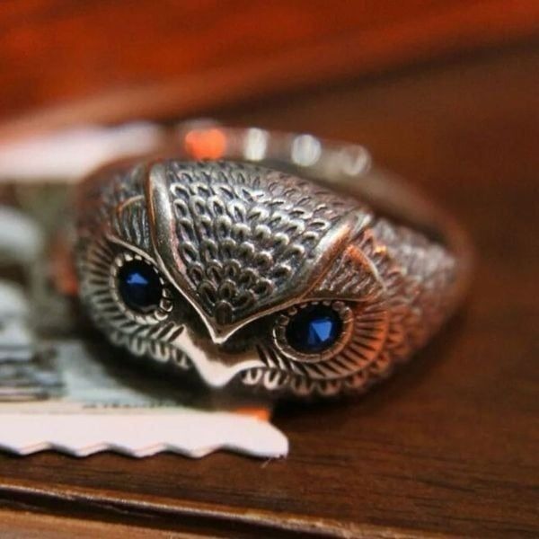 The Blue Eyed Owl Ring in antiqued 925 silver
