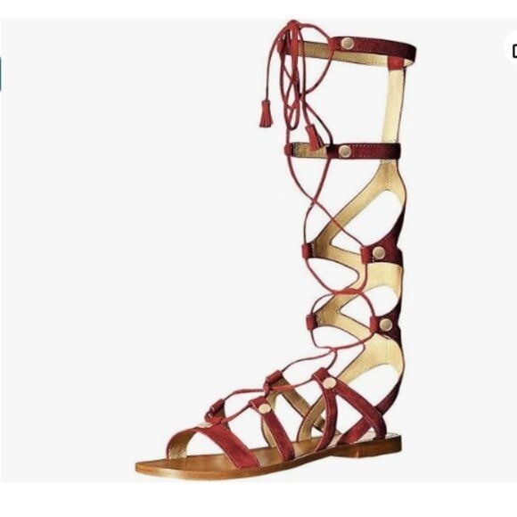 YDN Women Knee High Lace up Flats Fringe Low Heel Gladiator Strap Sandals Red