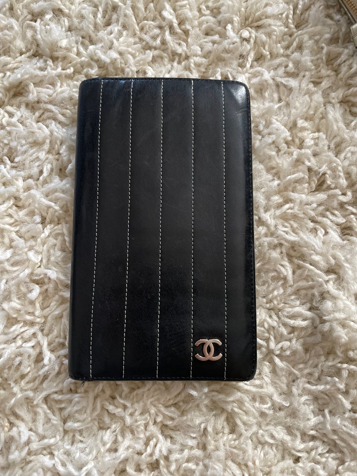 CHANEL Black Vertical Quilted Lambskin Leather long wallet