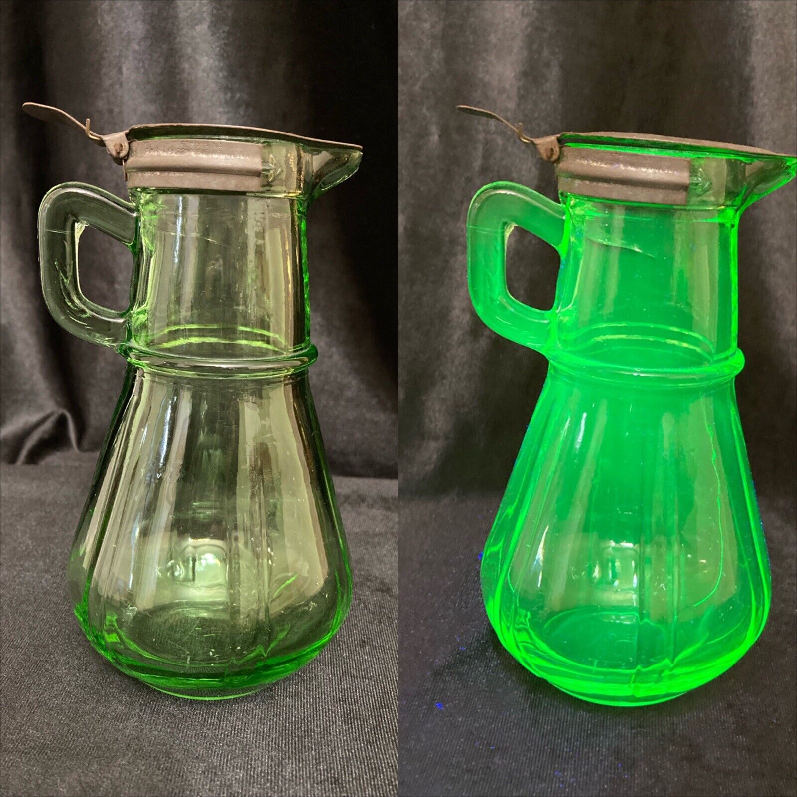 Antique Green Uranium Depression Glass Syrup Pitcher, Tin Flip-Top Lid