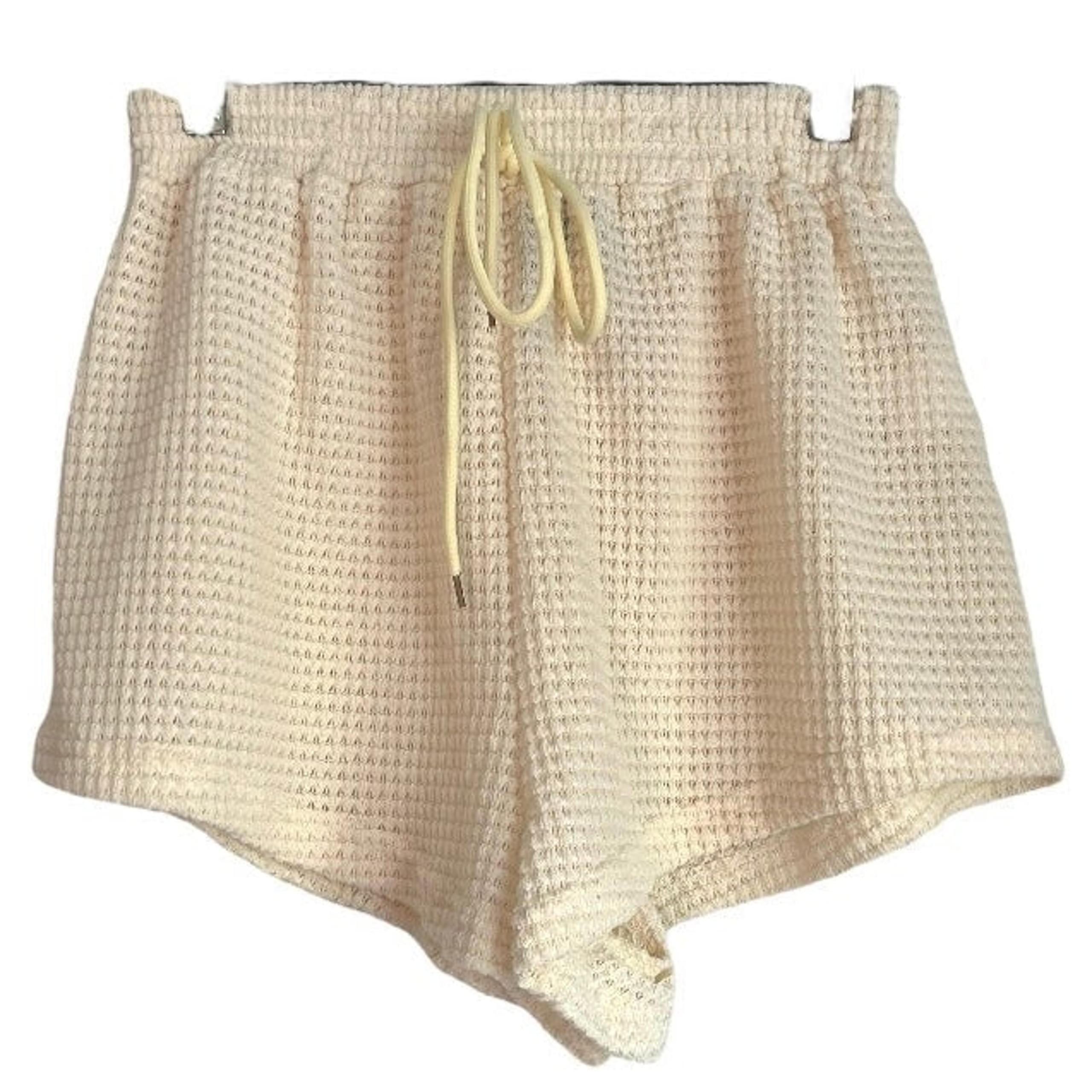 SHEIN Ivory Off White Waffle Knit Soft Pull On High Rise Drawstring Shorts Small