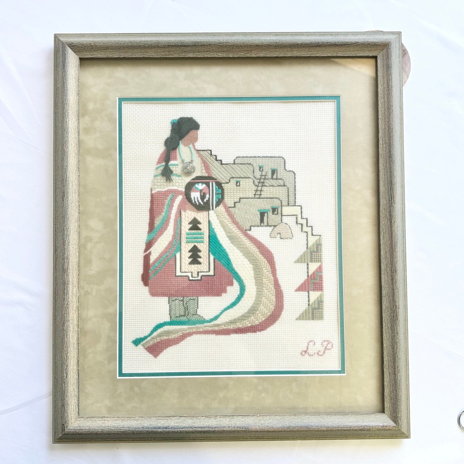 Vintage Artwork Southwestern Needlepoint Embroidery Wall Hanging