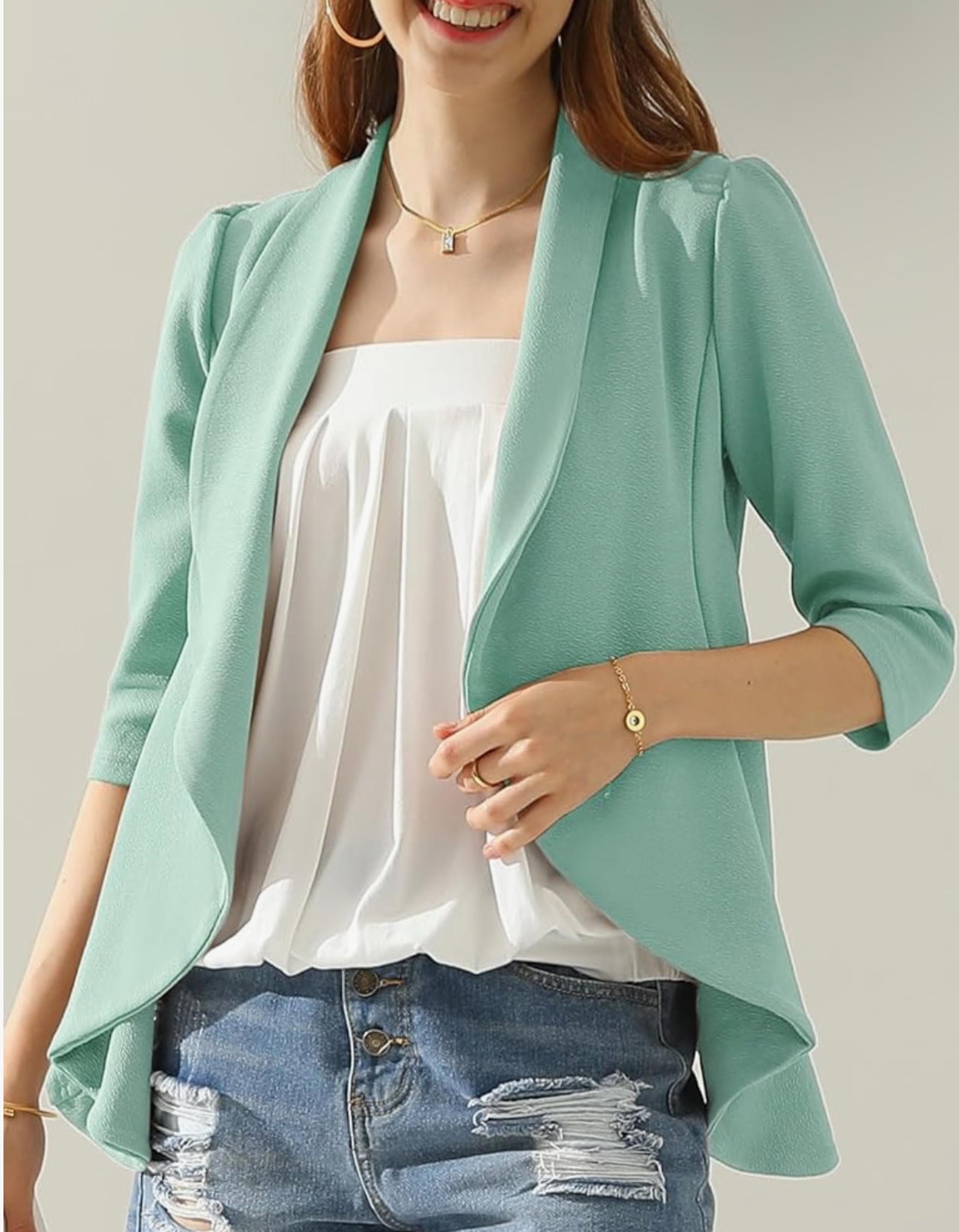 DOUBLJU Lightweight Thin 3/4 Sleeve Open Front Blazer Casual Deconstructed
