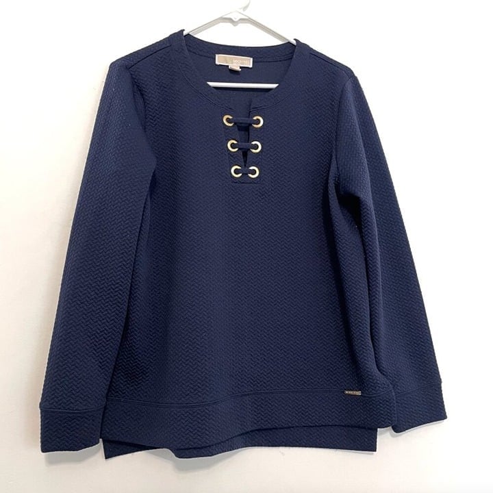 MICHAEL MICHAEL KORS Navy Blue Quilted Gold Grommet Lace Up Pullover Sweatshirt