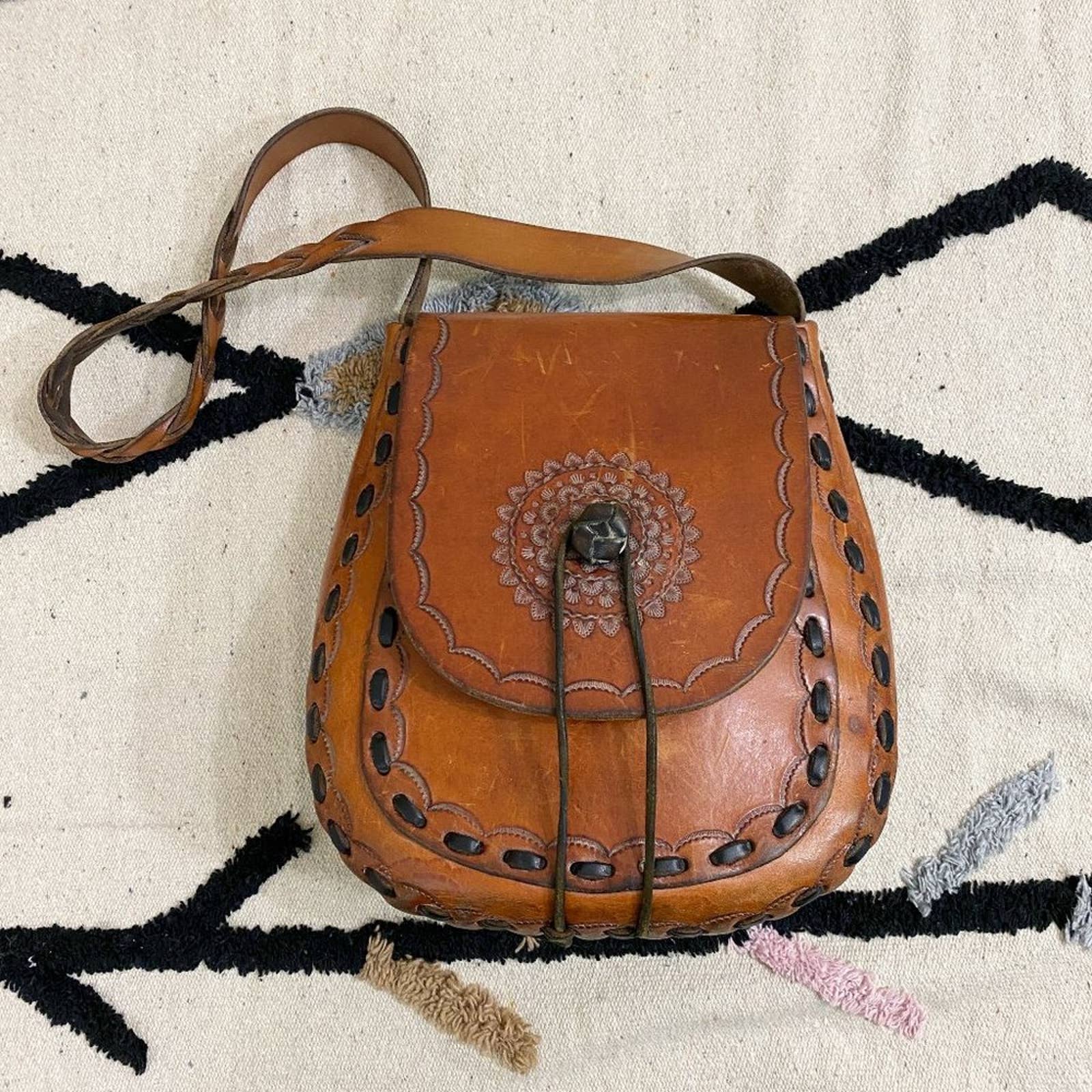 Vintage Cognac Handmade Tooled Leather Shoulder Bag Flap Top Braided Strap EUC Vintage Cognac Handmade Tooled Leather Shoulder Bag Flap Top Braided Strap EUC
