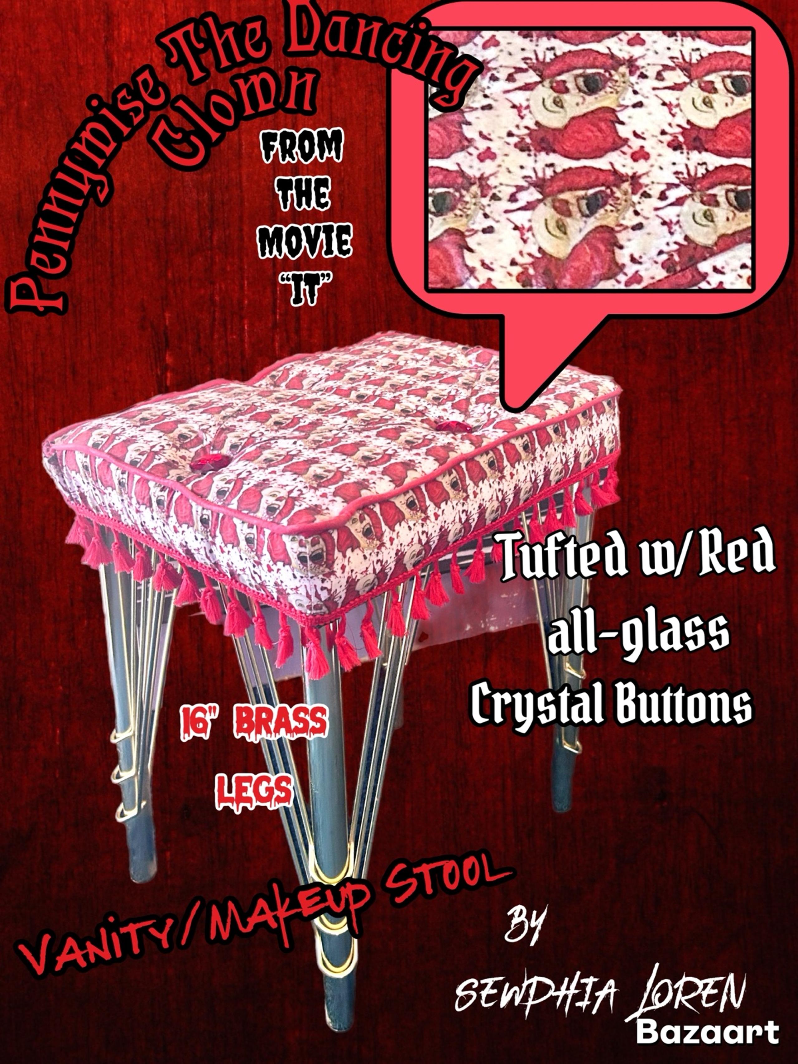 Pennywise The Dancing Clown Handmade 18” Tufted w/Red Glass Buttons Vanity Stool