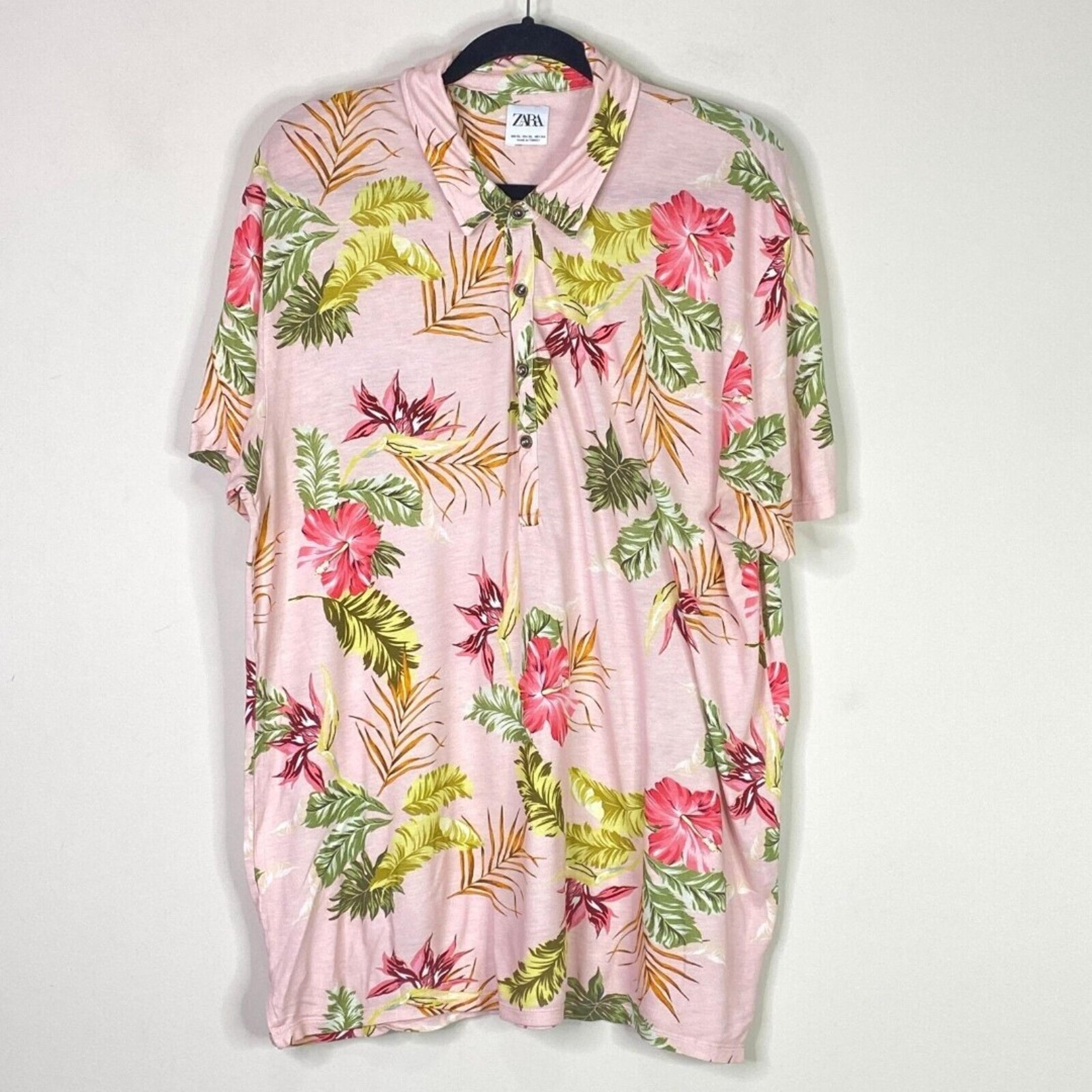 Zara Men's Pink Floral Hawaiian Tropical Polo Shirt Size XL