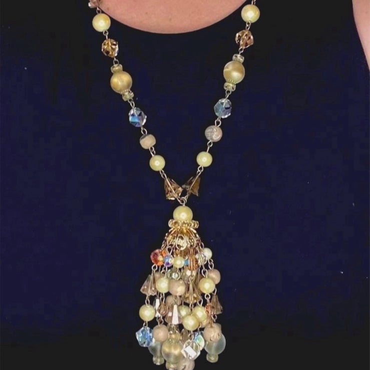 Vintage Aurora Borealis Crystal & Pearl Beaded Gold Tassel Necklace & Earrings