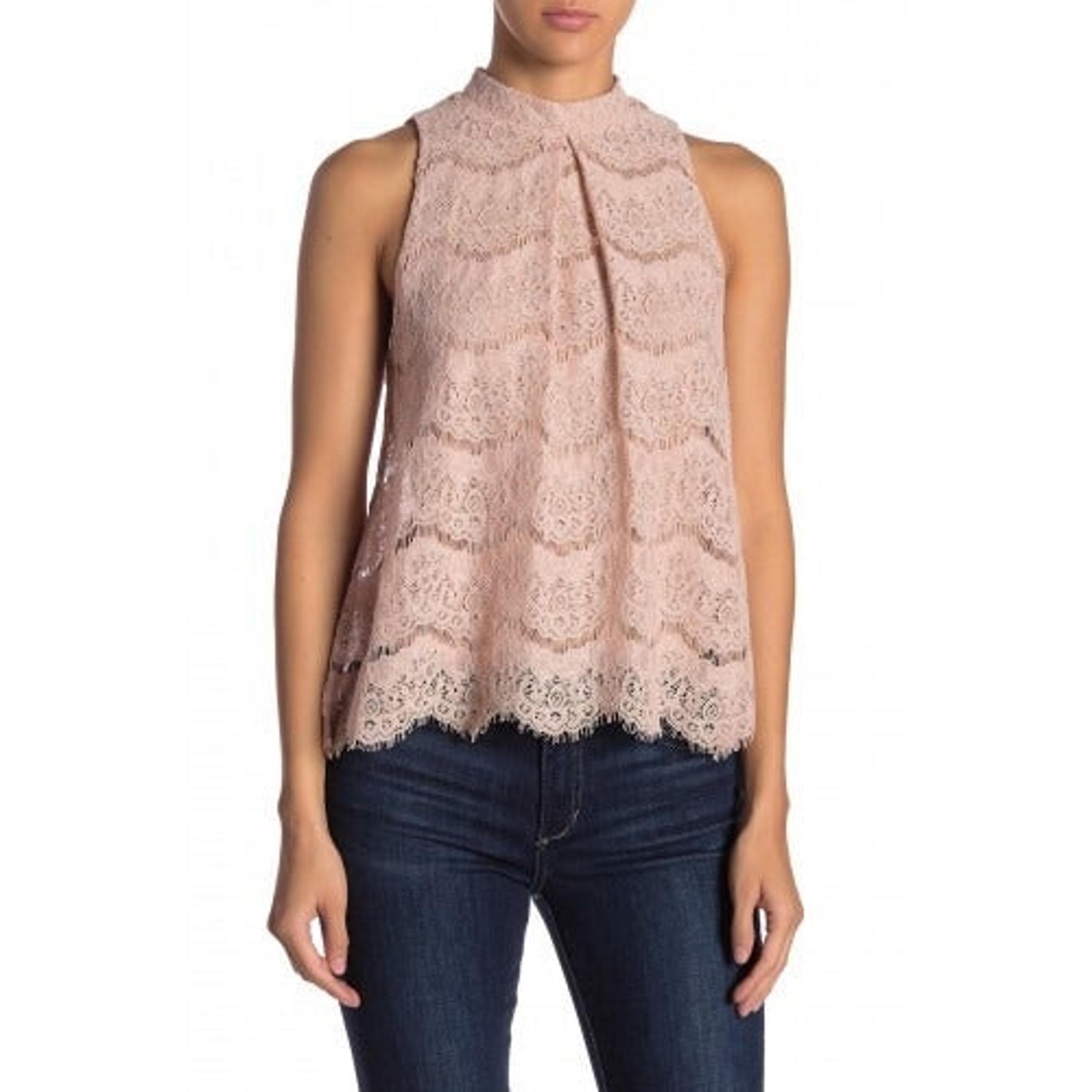 Blush Pink Lace Top Shirt Sleeveles Mock