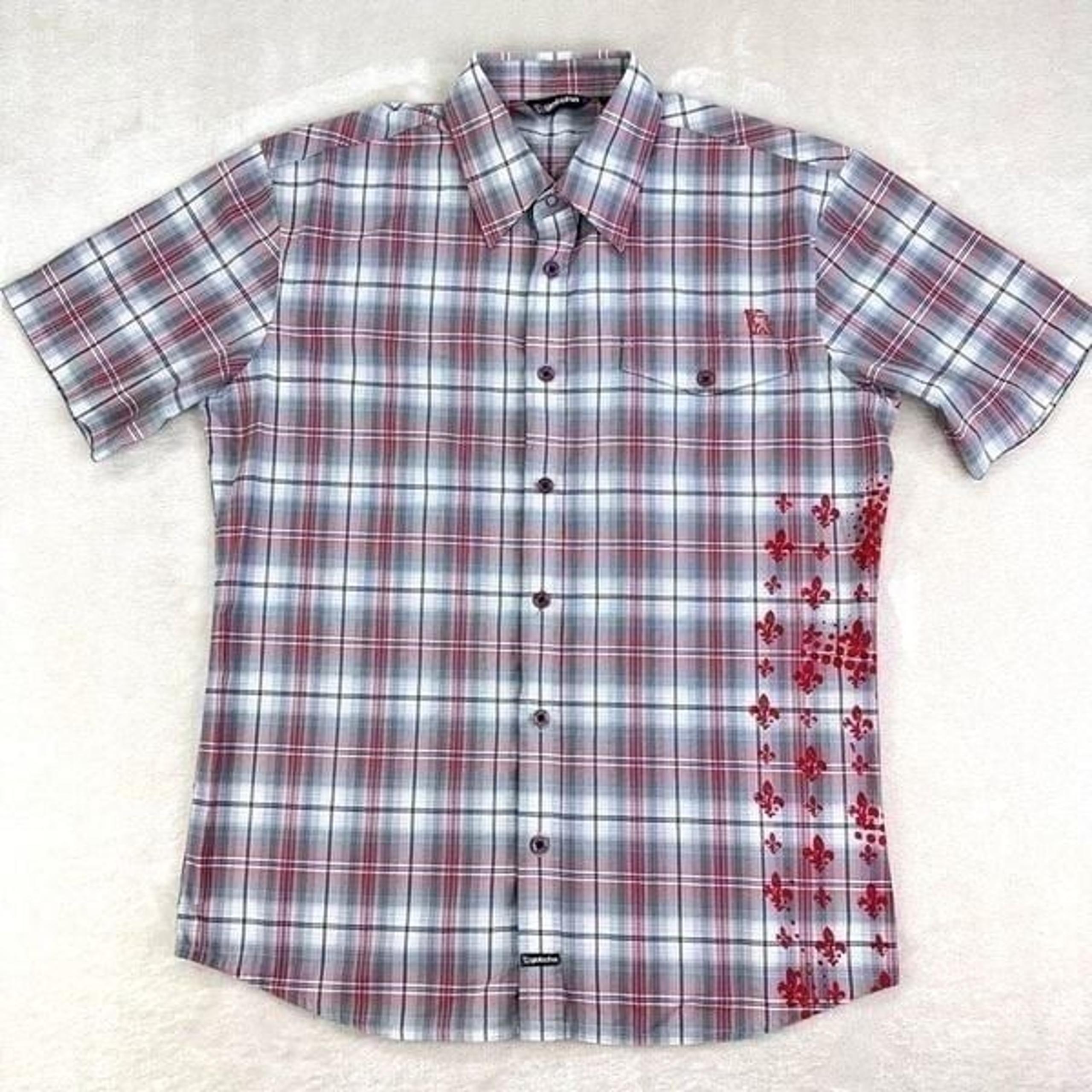 GOTCHA Shirt Mens Medium Grey Red Plaid Fleur-De-Lis Splatter Graphic Button Up