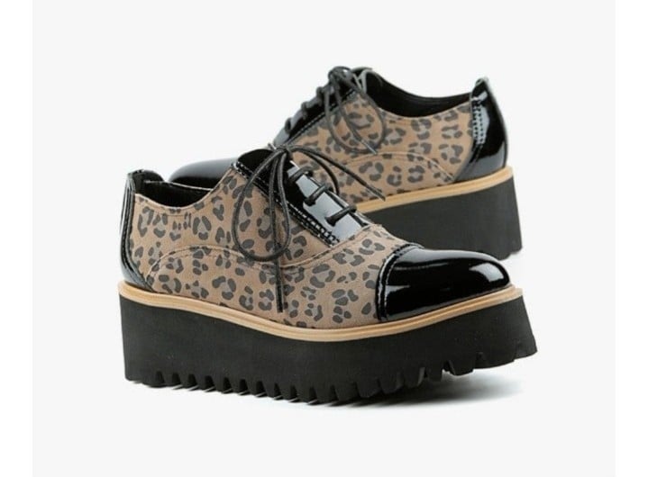 All Black Womens Leopard Print Leather Lace Up Platform Oxfords Size: 6