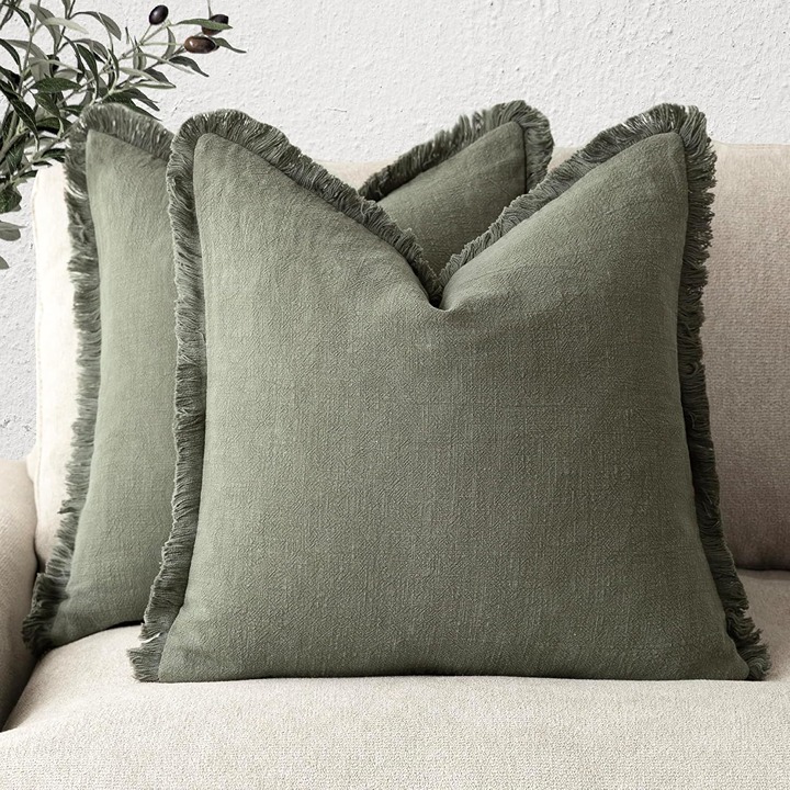 Foindtower Set of 2 Olive Green Fringe Pillow Covers – 22x22 Boho Farmhouse Cush