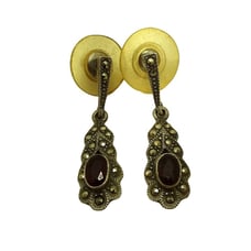 Pair Sterling .925 Silver Dk Red Ruby 1960's Stud Earrings Vintage 1.25 Dangle