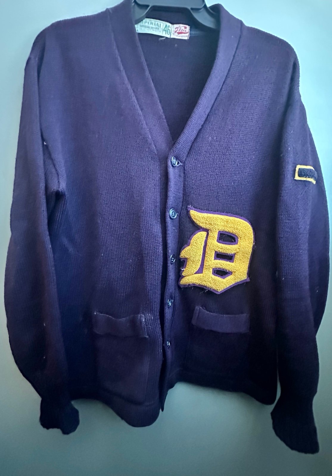 Vintage 50s 60s, Imperial Purple Letterman Sweater Cardigan size Large (b3)