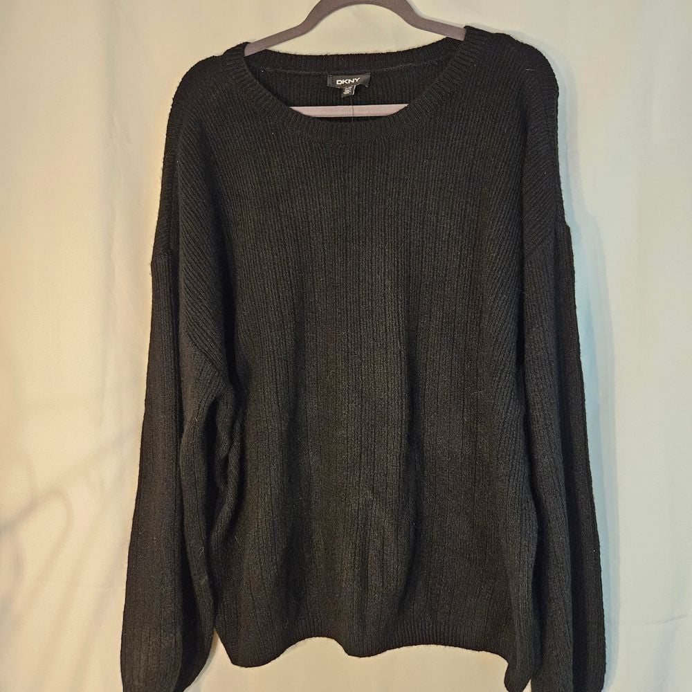 DKNY Classic Black Ribbed Long Sleeve Sweater Casual Comfort Knit Top