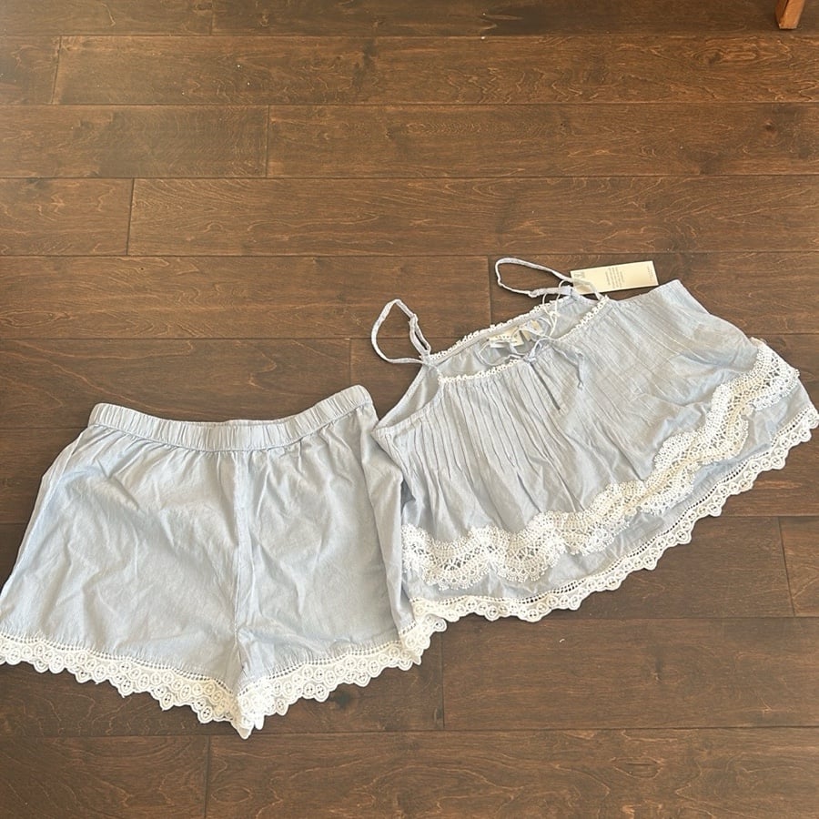 Calypso Womens Blue White Pajama Set Shorts Top New Lace Detail Cotton Sz M