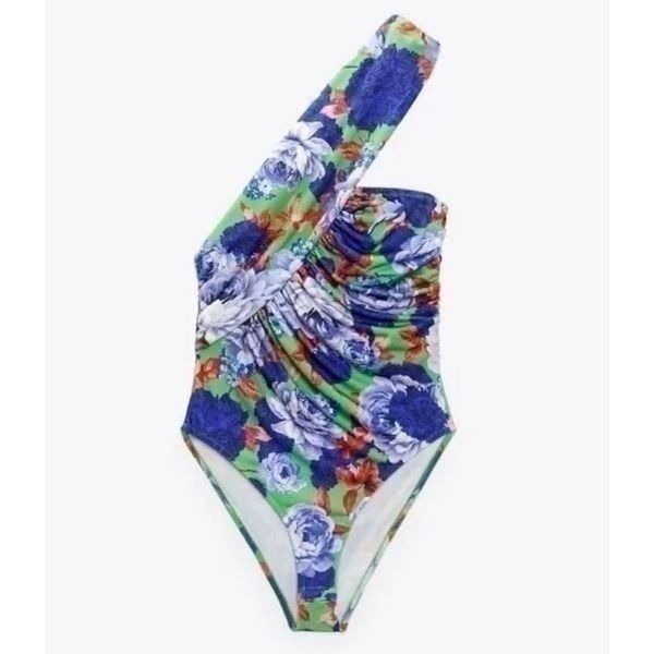 Zara Blue Floral Foliage One Shoulder Bathing Suit Large NWT