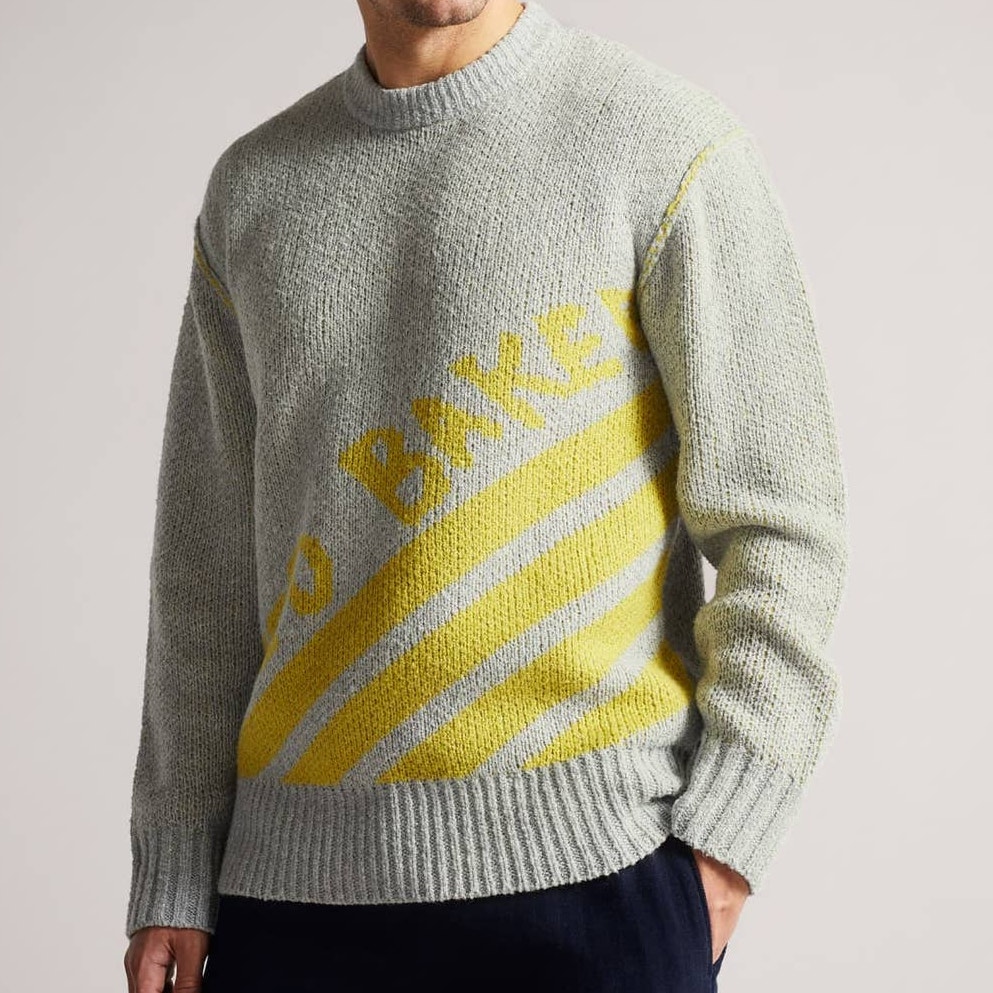 Ted Baker NWT Windmer Branded Crew Neck Jumper Sweater Size 5 US XL Gray Yellow