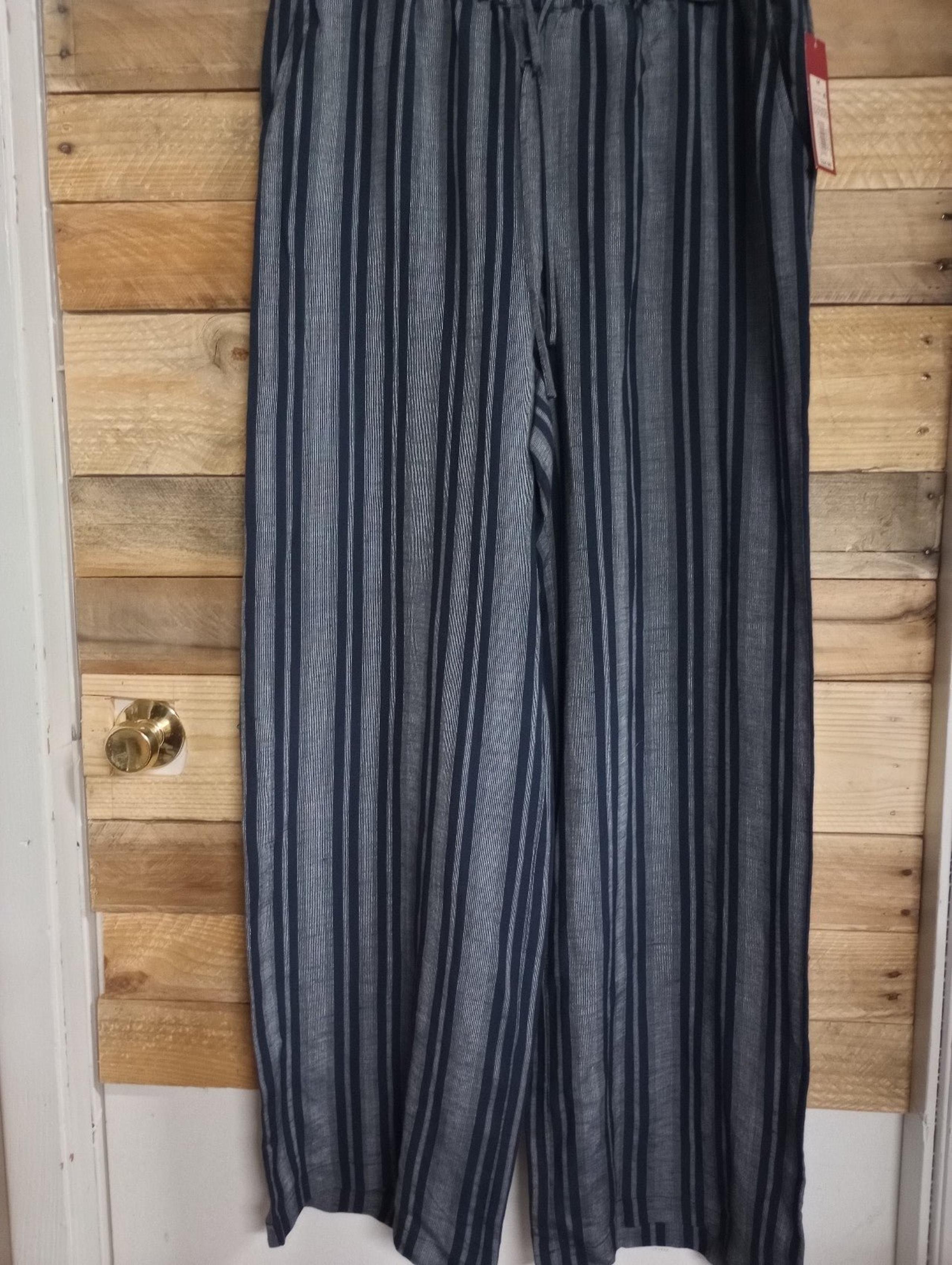 Merona Pull-on Pants Navy Stripe Elastic Waist with Tie Wide Leg Linen Blend