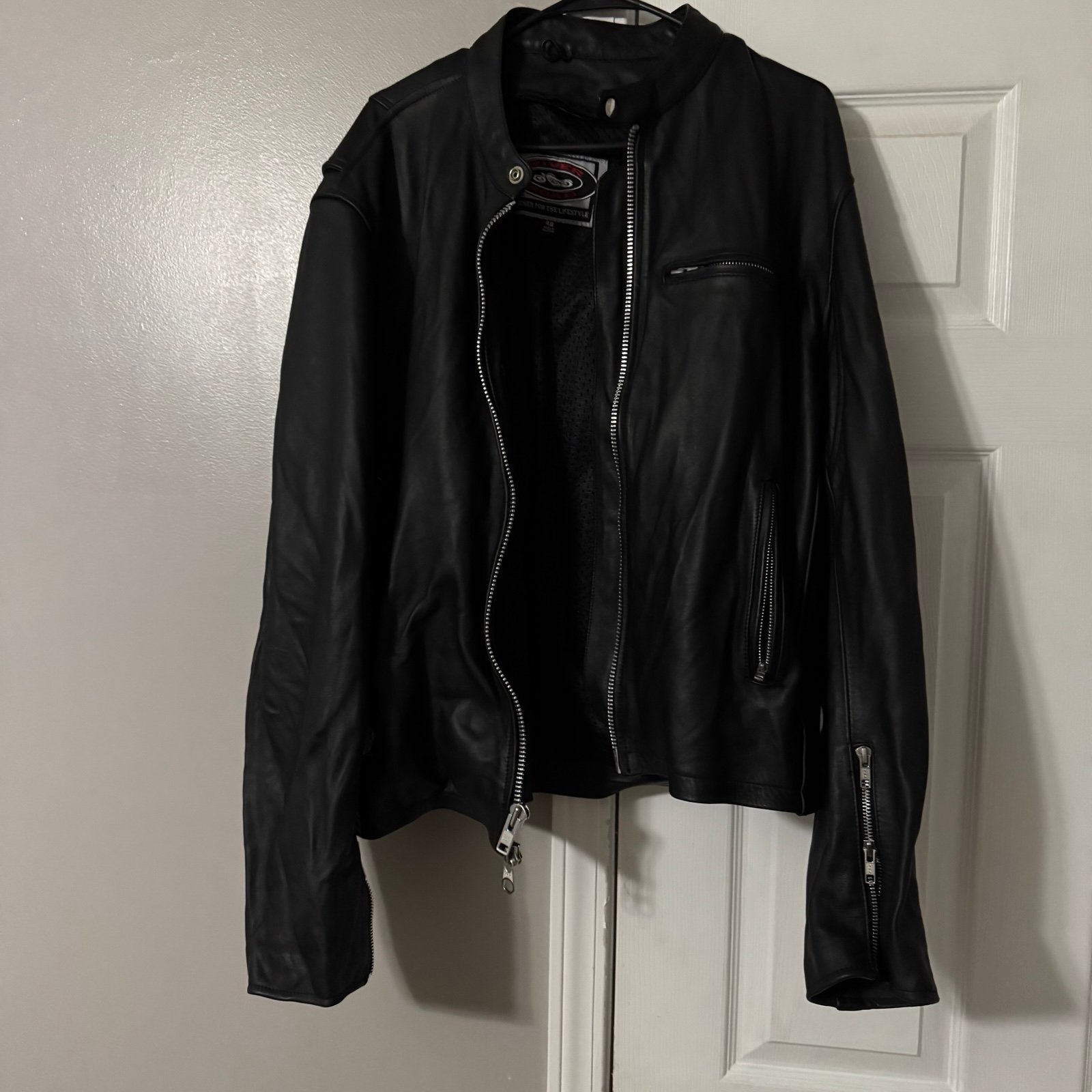 River Road Leather Black Biker Motorcycle Zip-Up Jacket Size 48